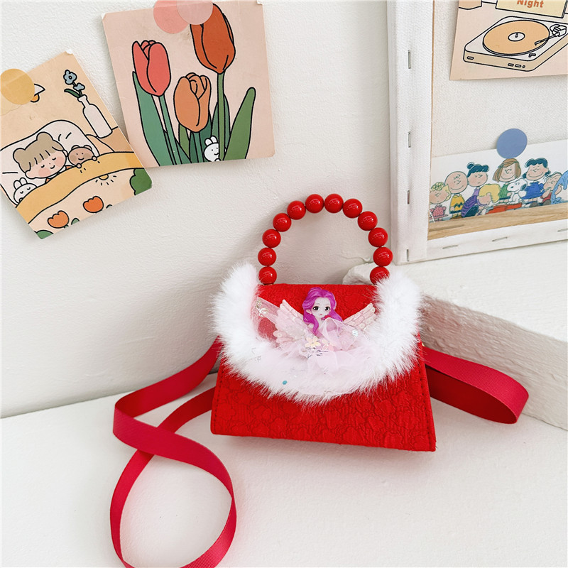 2023 invierno nuevo rojo niños princesa bolsa niñas lindo hombro mensajero bolsa perla mano monedero
