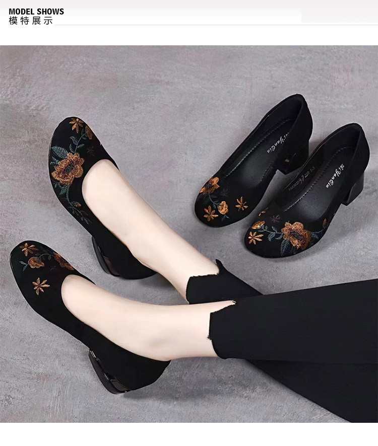 Giày búp bê nữ da thật đế mềm mũi tròn thêu hoa gót vuông 2,5 cm phong cách dân tộc — Màu đen gót 2,5 cm chi tiết 2