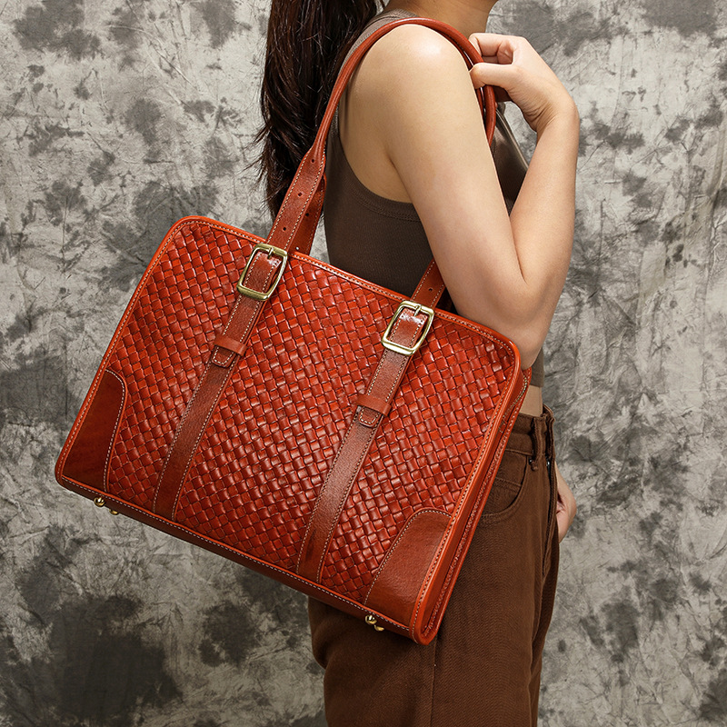Zhuanshan Hand-Woven Women's Handbag Vegetable Tanned Top Grain Cowhide Leather Men's Office Briefcase Large Capacity Laptop Bag - Thumbnail 2