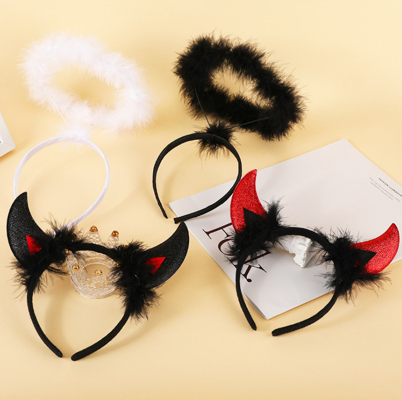 ハロウィンクリスマスパーティーダンスパフォーマンスヘアアクセサリー白い羽の天使のリングヘッドバンド悪魔の角ヘッドバンド|undefined