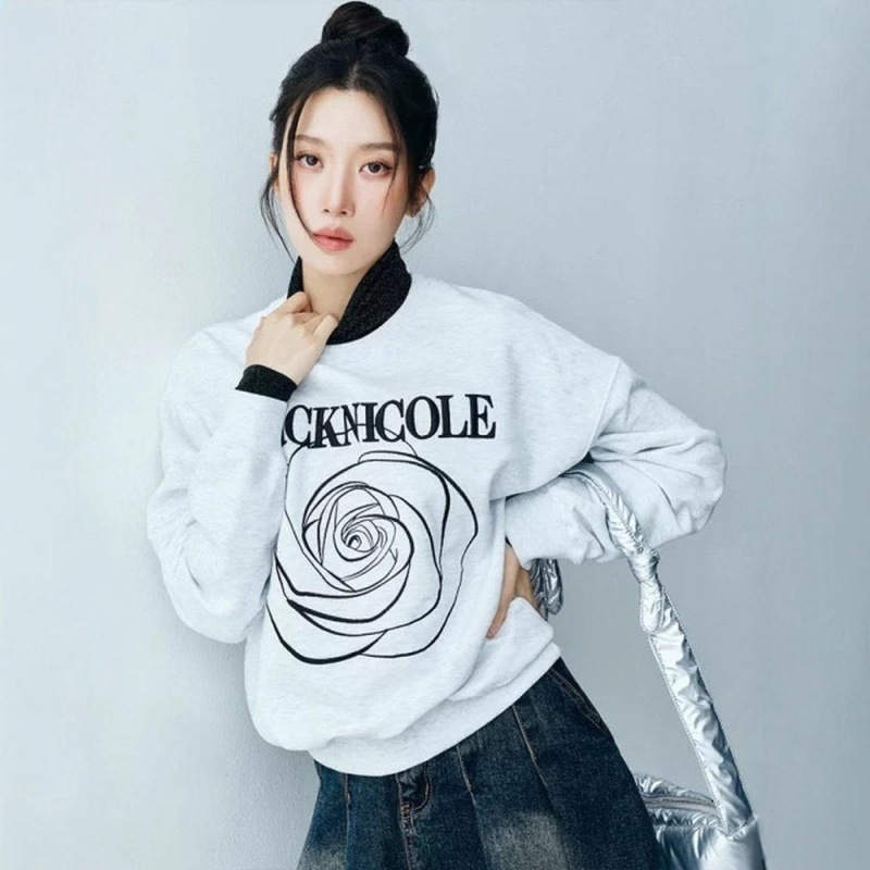 文佳煐同款韩国小众潮牌NICK NICOLE字母玫瑰刺绣宽松圆领卫衣女|undefined