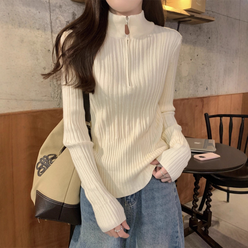 Autumn and Winter Elegant Zipper Half Turtleneck High-End Inner Knitted Sweater Long-Sleeved Women's Design Western Style Bottoming Top