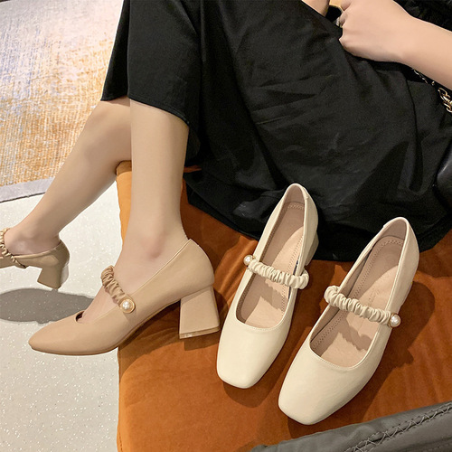 Women's Summer Han Style Rough Sole Single Shoes with Mahogany Toe Evening Windy Heels Gentle Li Zhen Shoes