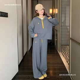 大码胖MM简约拼接运动套装时尚春秋韩系新款慵懒风小众卫裤两件套