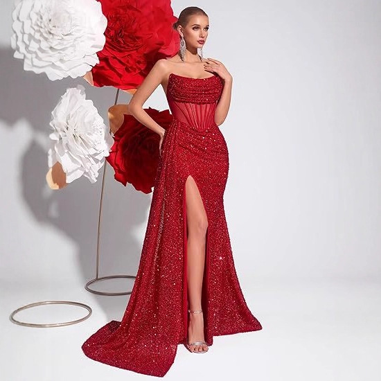 Aliexpress Sequin Strapless Evening Dress European and American Style Sexy Slit with Small Train Birthday Prom Elegant Runway Dress