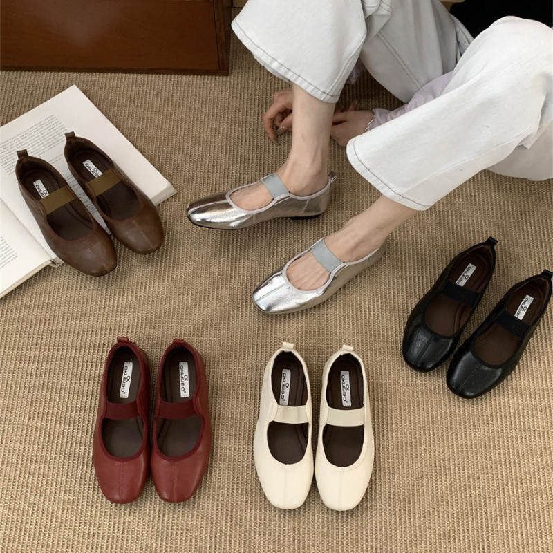 In-Stock Version ~ Niche Genuine Leather Square-Toe Flat Mary Jane Shoes for Women, Single Strap Loafers, Ballet Shoes