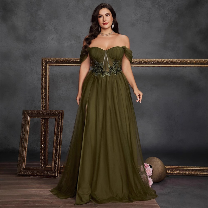 European and American New Large Size Embroidered Slit A-Hem Slim Elegant Fashionable Long Formal Dinner Ball Evening Dress