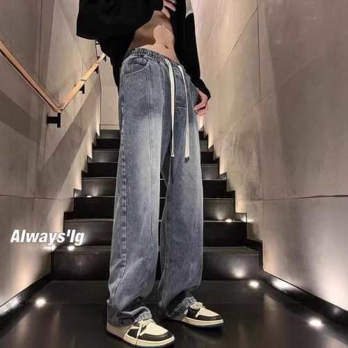 2025 New Waistband Elasticity Gradual Change American Style Jeans Men's Wide Leg Spring and Autumn Casual Loose Straight Pants 