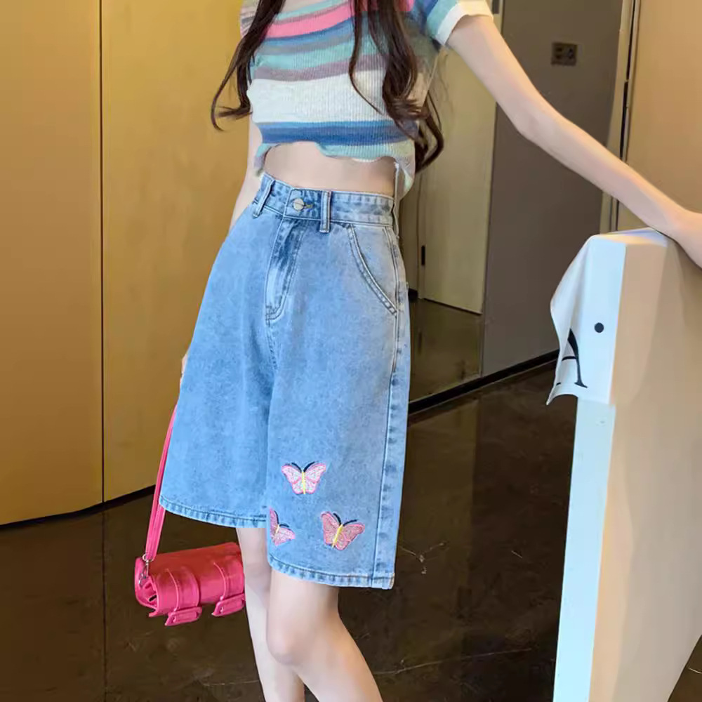 데님 반바지 여성의 여름 새 플러스 사이즈 통통녀 MM 느슨한 자수 바지 높은 허리 넓은 다리 바지