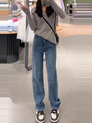 窄版阔腿直筒牛仔裤女2025年秋新款小个子女士高腰超火裤子