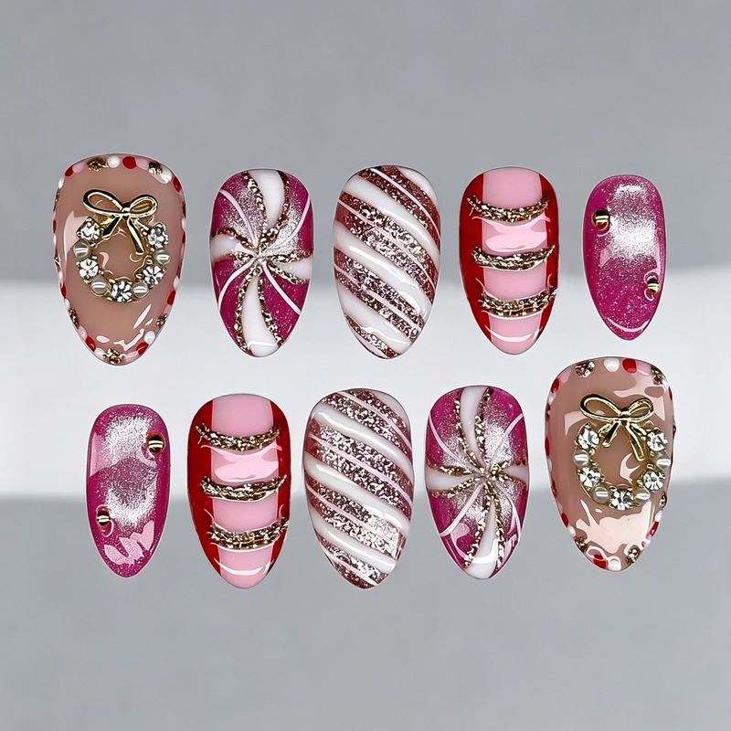 30 pieces of new Christmas-themed, exquisite rose-red, Instagram-worthy almond-shaped press-on nails with gold accents, rhinestones, and cat-eye effect