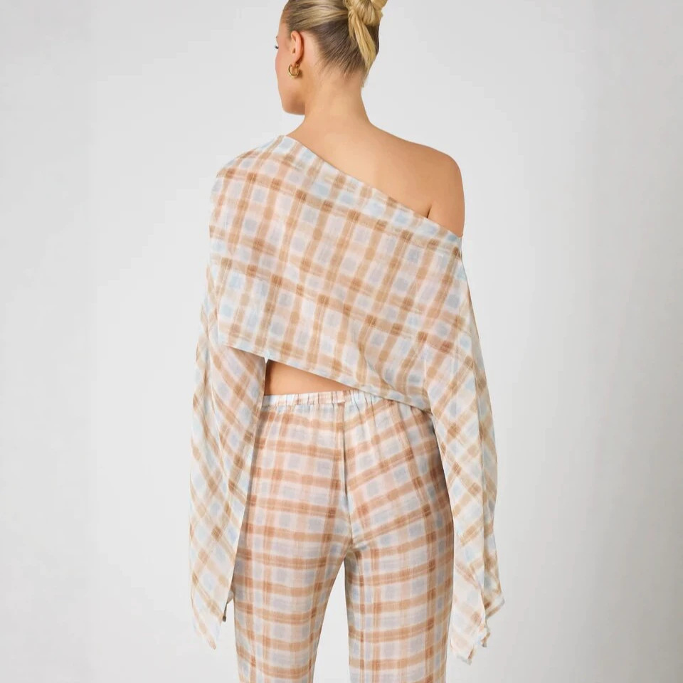 Women's Summer Plaid Sheer Shoulder Raglan Sleeve Top Waist Cinching Casual Straight Leg Trousers Set Style_ecoleips.com