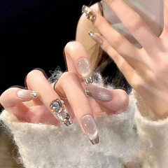 穿戴甲甲片批髮長款晶石貓眼閃鑽辣妹美甲高級感指甲貼片