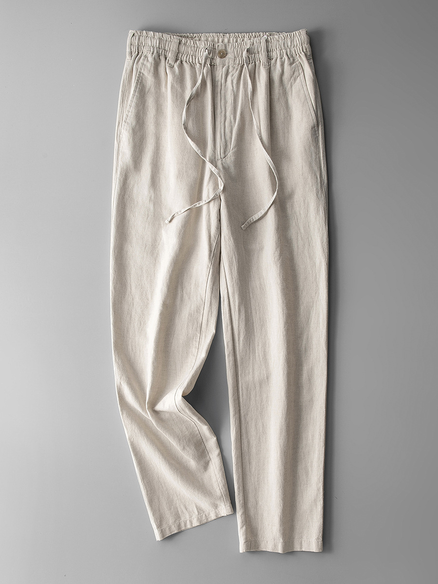 Pantalones de lino de cintura elástica pantalones sueltos de algodón y lino de los hombres pantalones casuales de los hombres de verano de lino recto de los hombres pantalones largos de lino