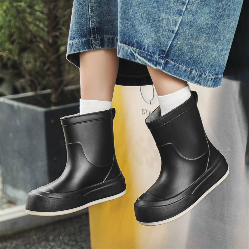 Модные резиновые сапоги через границу, женские нескользящие простые резиновые сапоги до середины икры, покупки на открытом воздухе, автомойка, непромокаемая резиновая обувь, хлопковая теплая обувь