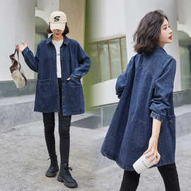 休闲风衣春秋中长款宽松大码女装中年妈妈秋装胖MM牛仔衬衫外套女