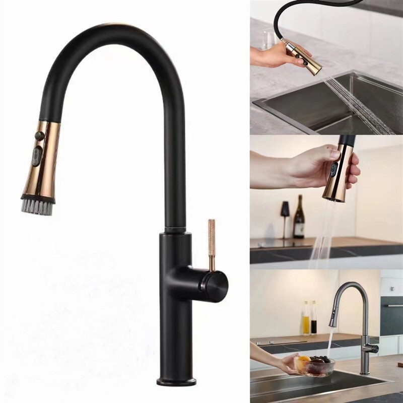Kitchen Faucet for Under-Sink Use, Hot and Cold Rotating Pull-Out Faucet, Black and Gold Basin, 360-Degree Rotation