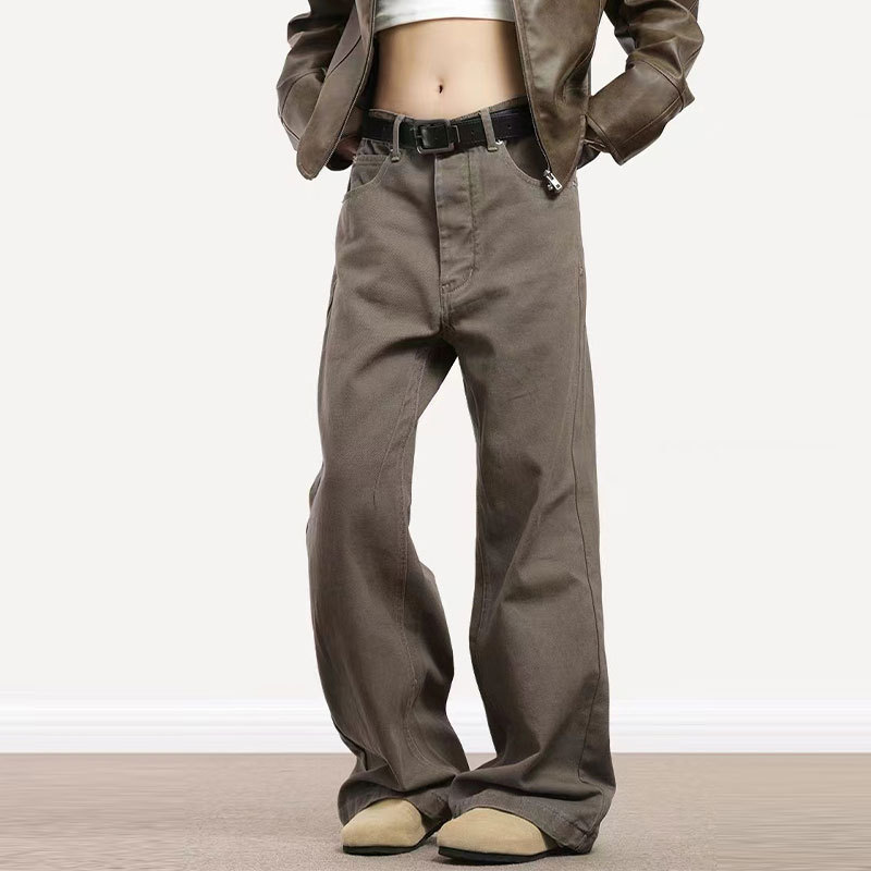 Nuevo Maillard vintage lavado jeans hombres y mujeres estilo americano suelo de residuos sueltos estilo marrón todo partido Pantalones rectos moda