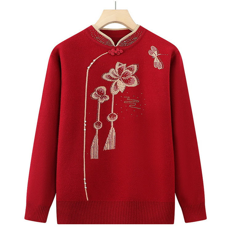 纤绒中老年女装妈妈装秋冬打底针织衫时尚提花保暖毛衣厂速卖通