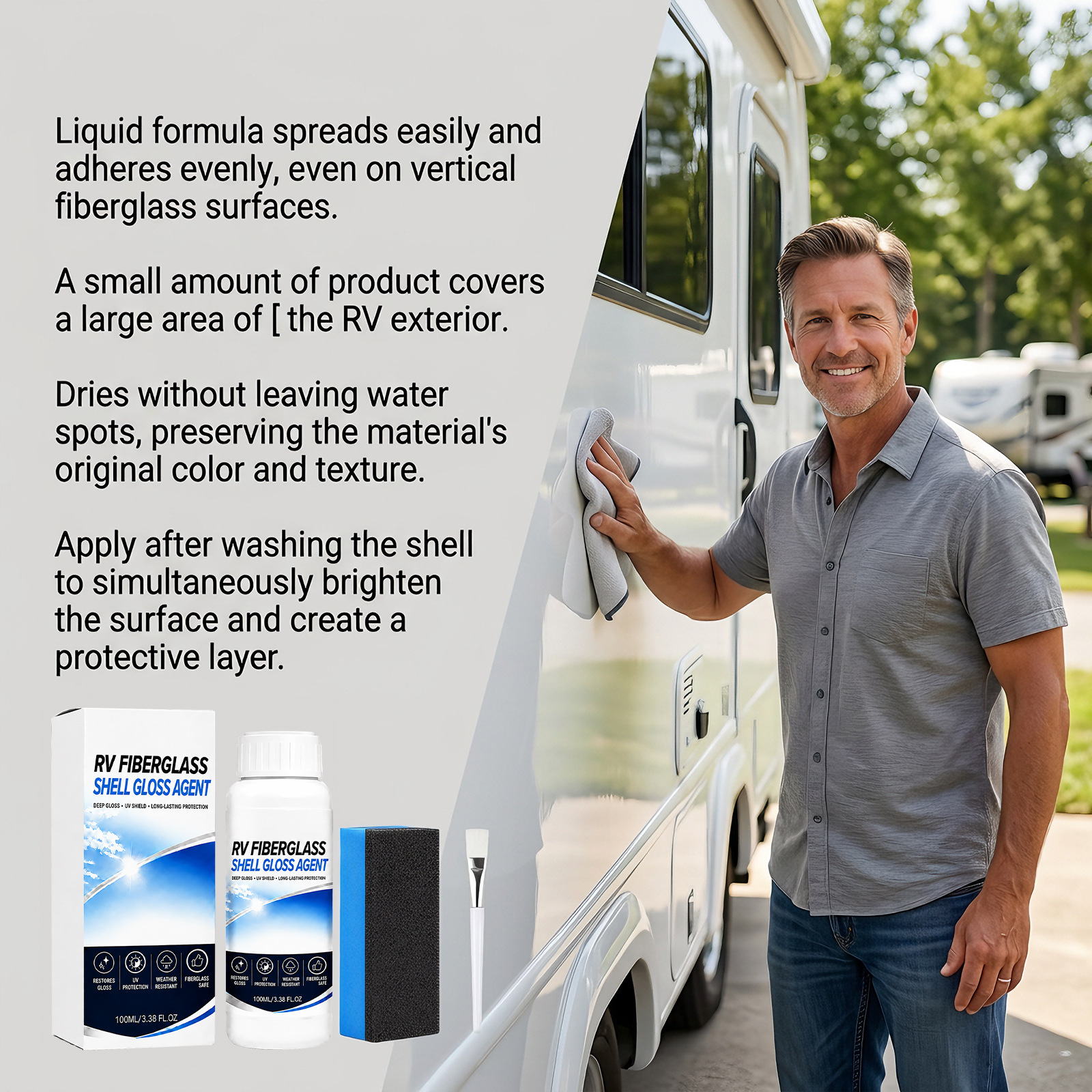 RV fiberglass exterior polish: RV body glass cleaner, polisher, brightener, and protective coating for maintenance