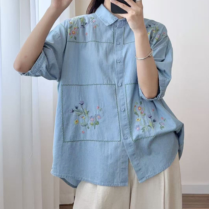 Artistic and Fresh Floral Embroidery Light Blue Denim Shirt for Women, Short-Sleeved, Summer Pastoral Style, Loose Fit, Age-Reducing, Pure Cotton Top