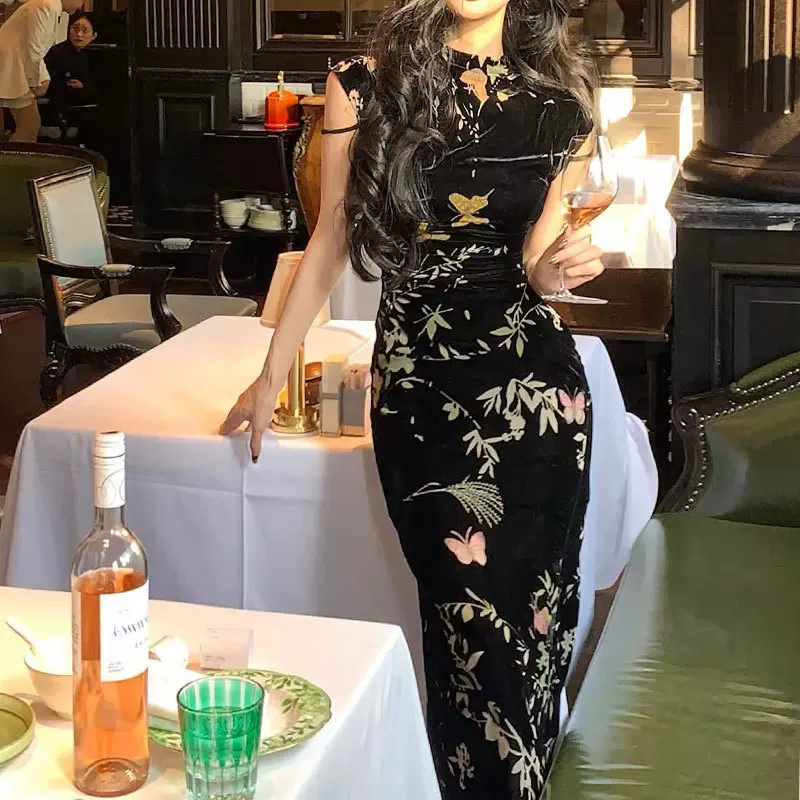现货从一时 黑色丝绒外套+鱼尾半身裙子套装黑色无袖旗袍连衣裙20