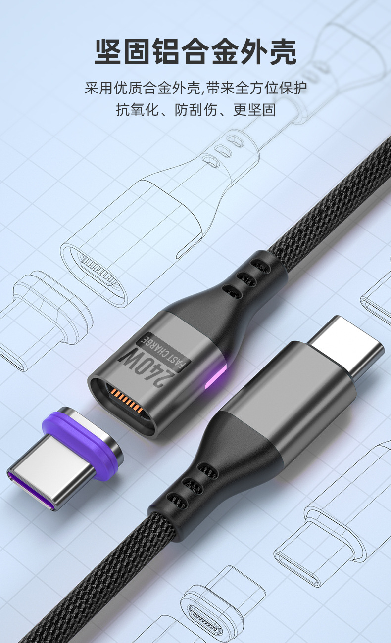 Magnetisches Schnelllade-Datenkabel 240W mit doppelter Typ-C-Schnittstelle PD-Schnellladekabel, kompatibel mit Android-, Apple- und Huawei-Mobiltelefonen