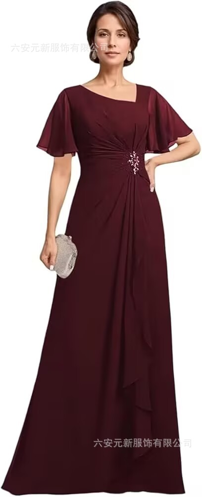 Vestido de novia de gasa de Amazon vestido de madre mariposa de manga corta plisada larga aplicación vestido de invitado de boda