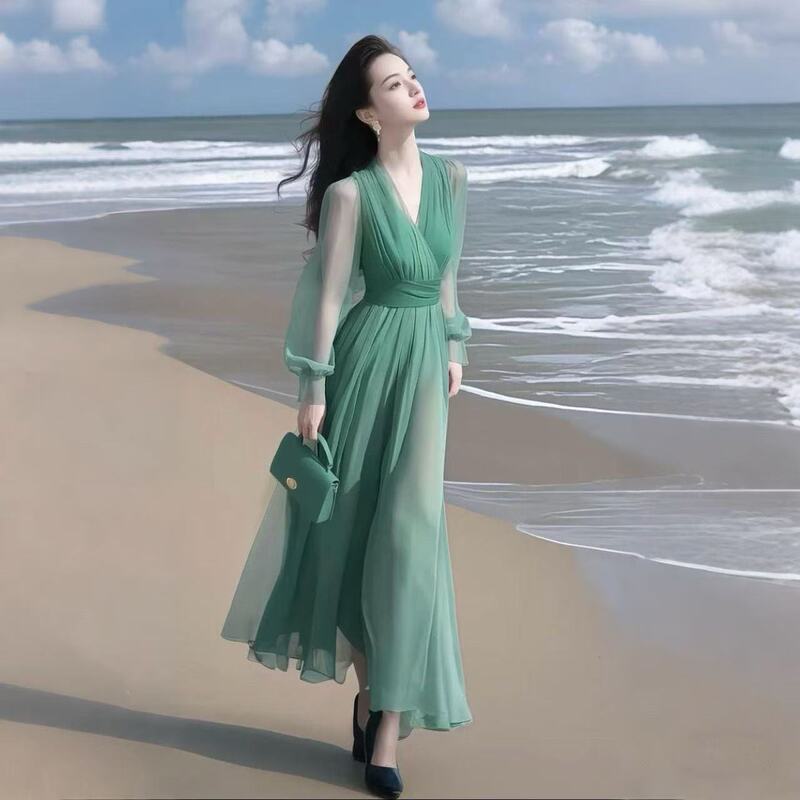 Elegant, High-End, Exquisite, Light Luxury, High-End, Versatile, Solid Color Chiffon Ultra-Thin Dress, New Slimming Style