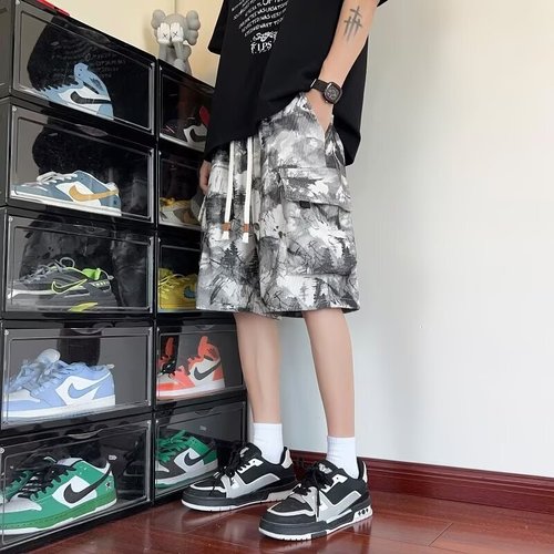 2025 High-Waist Work Shorts for Men, Youth Pants, American Streetwear Brand, Casual Tie-Dye, Large Pockets, Five-Eighths Breeches