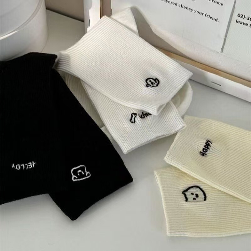Spring and Summer High-Appearance Vertical Stripe Cartoon Socks, Solid Color Cute Dog Socks for Women, 7A Antibacterial Thin Abins Mid-Calf Socks