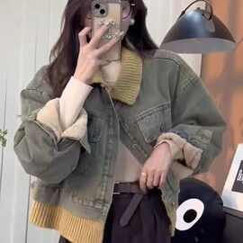 2025秋冬新款加绒加厚拼接翻领短款减龄牛仔外套假两件夹克上衣女