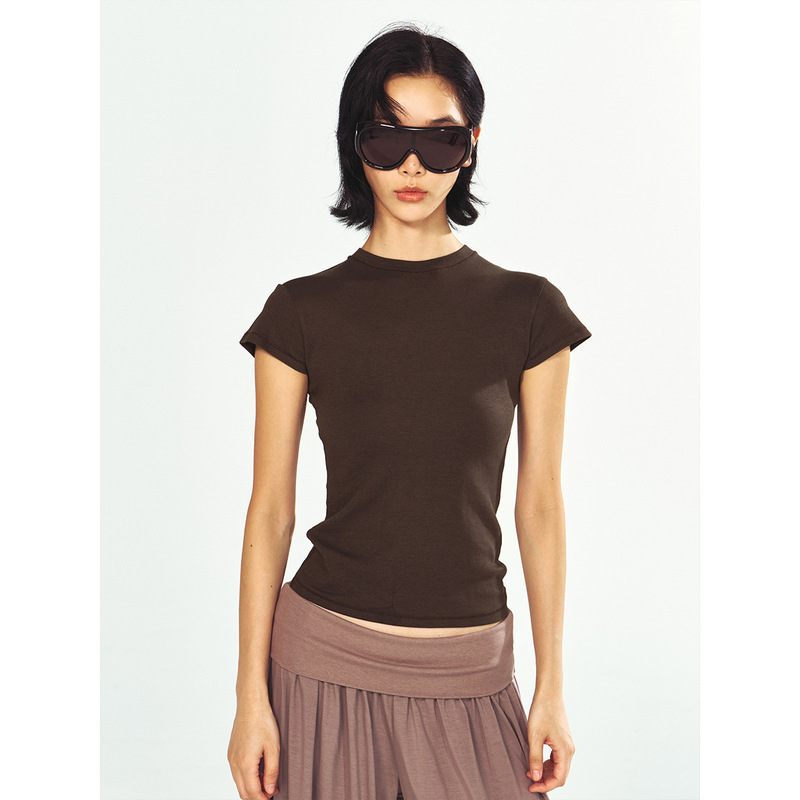 【Time-Perceving Black Label】New Cotton Blend Skin-Friendly Stretch Slim-Fit Solid Color Base Short-Sleeve T-Shirt for Women V63101 【Time-Perceving Black Label】New Cotton Blend Skin-Friendly Stretch Slim-Fit Solid Color Base Short-Sleeve T-Shirt for Women V63101