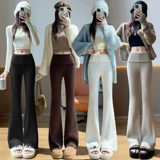 现货翻边针织微喇裤女2026秋冬高腰修身显瘦垂感休闲喇叭裤拖地裤