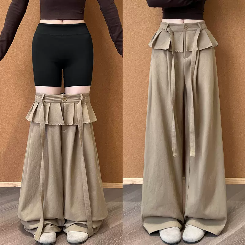 假两件屁帘花边阔腿裤女春秋新款显瘦高腰休闲裤小个子西装直筒裤