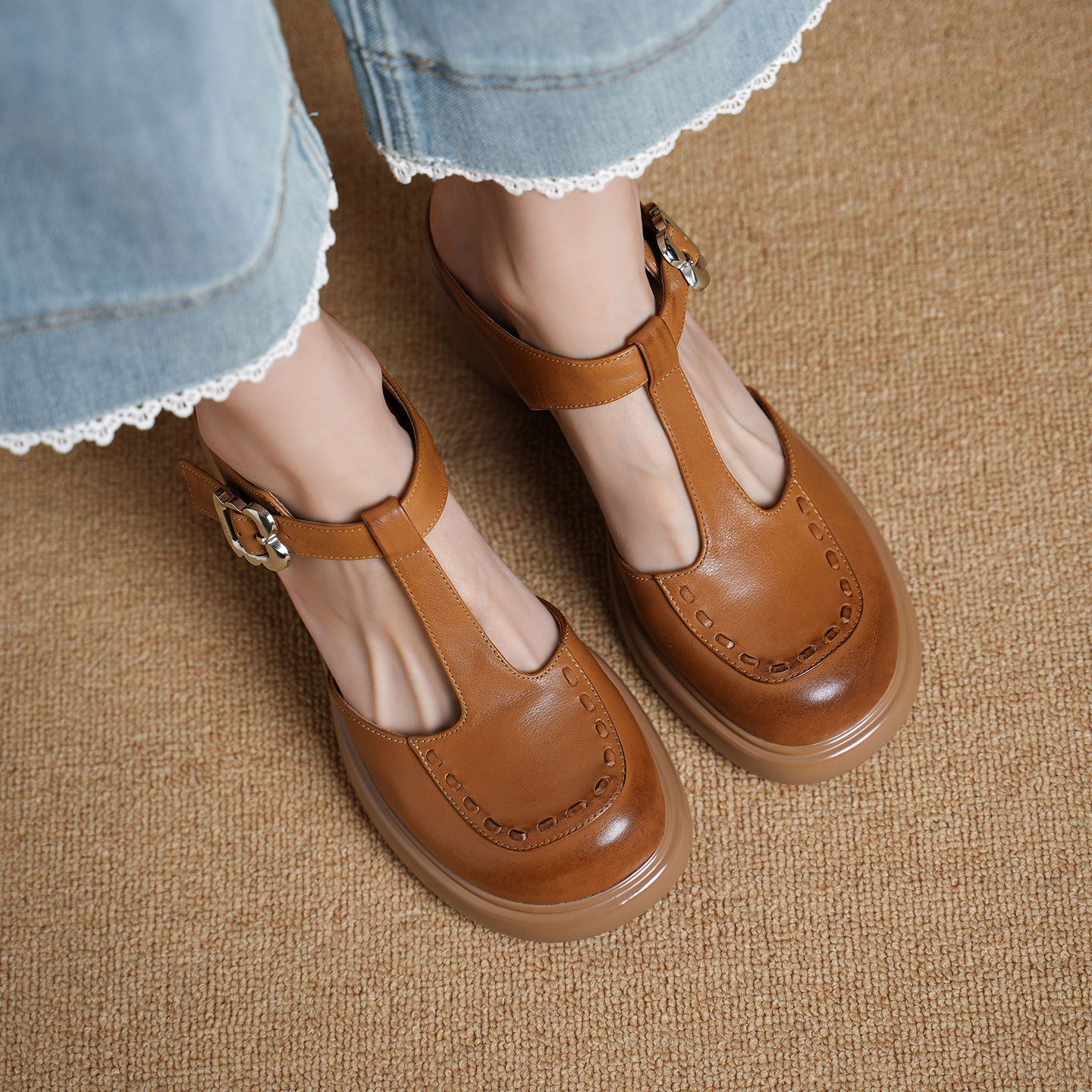 Sandal Mary Jane nữ mũi nhọn gót cao 8 cm quai ngang khóa dây — màu trắng ngà