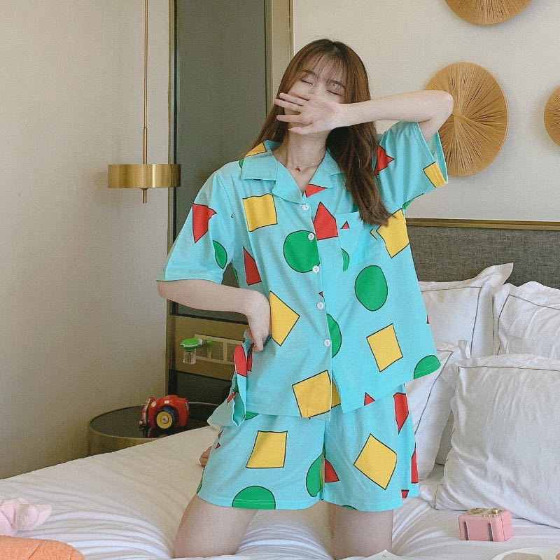 Micro-business new short-sleeved pajamas women's summer lapel cute geometric home clothes Japanese and Korean popular shorts suit wholesale