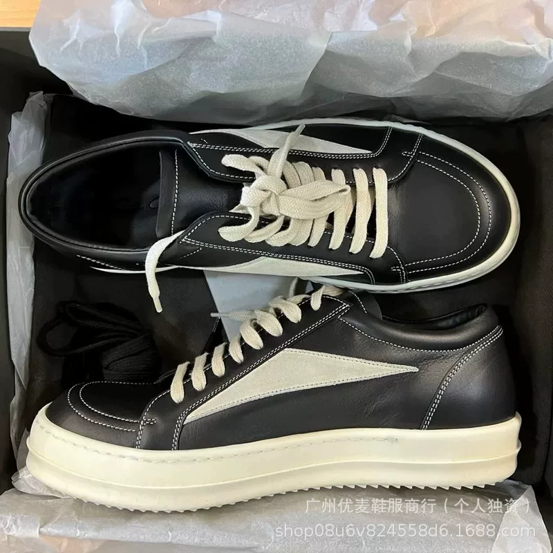 Кеды на низком ходу (RICK OWENS) из цельного крупного кожаного сырья, черные с контрастной окантовкой, платформа