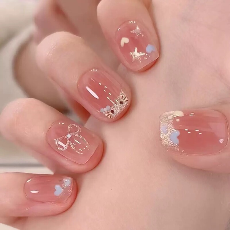Cat-Eye French Short Nails with Heart-Shaped Pentagram, Cat-Themed Press-On Nails, Bowknot Gradient Nail Art, Children's Nail Tips Cat-Eye French Short Nails with Heart-Shaped Pentagram, Cat-Themed Press-On Nails, Bowknot Gradient Nail Art, Children's Nail Tips