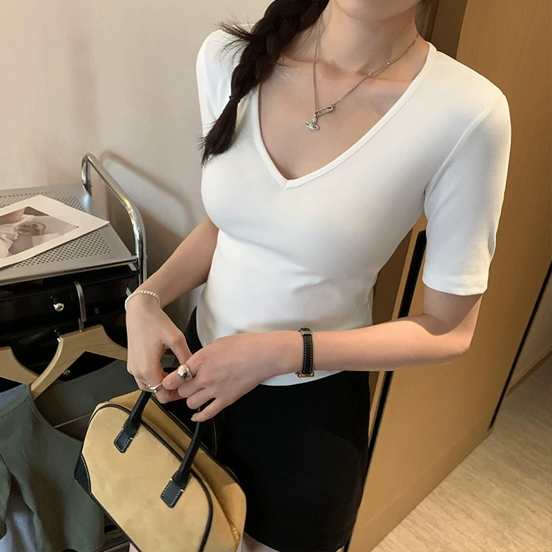 Летняя футболка с коротким рукавом, V-образный вырез, slim fit