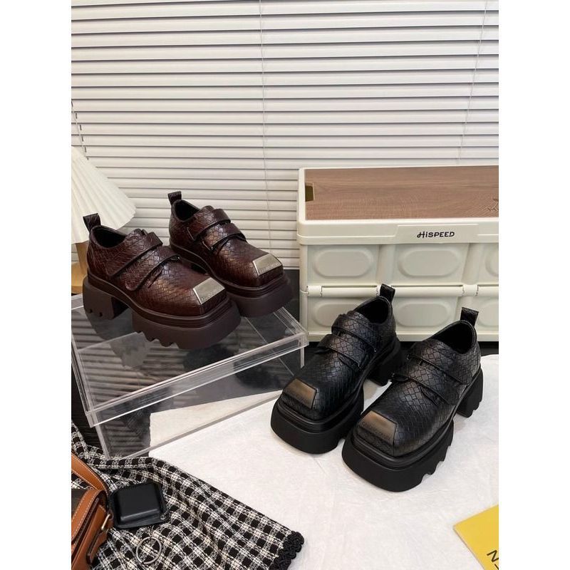 欧洲站2025春夏季新款方头小皮鞋编织厚底百搭乐福鞋系带增高女鞋|undefined