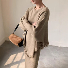 【原创首发】女装新品流苏针织衫套装欧货宽松大码蝙蝠袖毛衣披肩