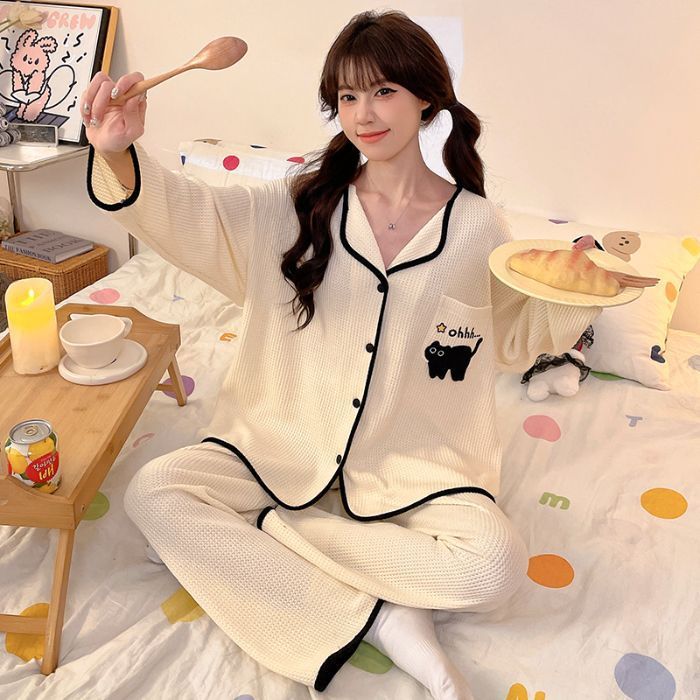 Transfronterizo al por mayor otoño y invierno de algodón waffle lindos cardigans pantalones de manga larga calentamiento ropa de hogar conjunto pijamas mujeres