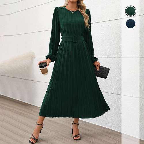 Independent Station Europe 2025 New Autumn Cross-border Party Professional Elegant Retro Long-Sleeve Solid Color Pleated Dress
