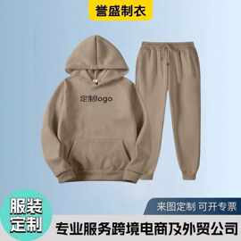 工厂定制纯棉卫衣跨境欧美大码加绒加厚套装 宽松全棉抽绳卫裤