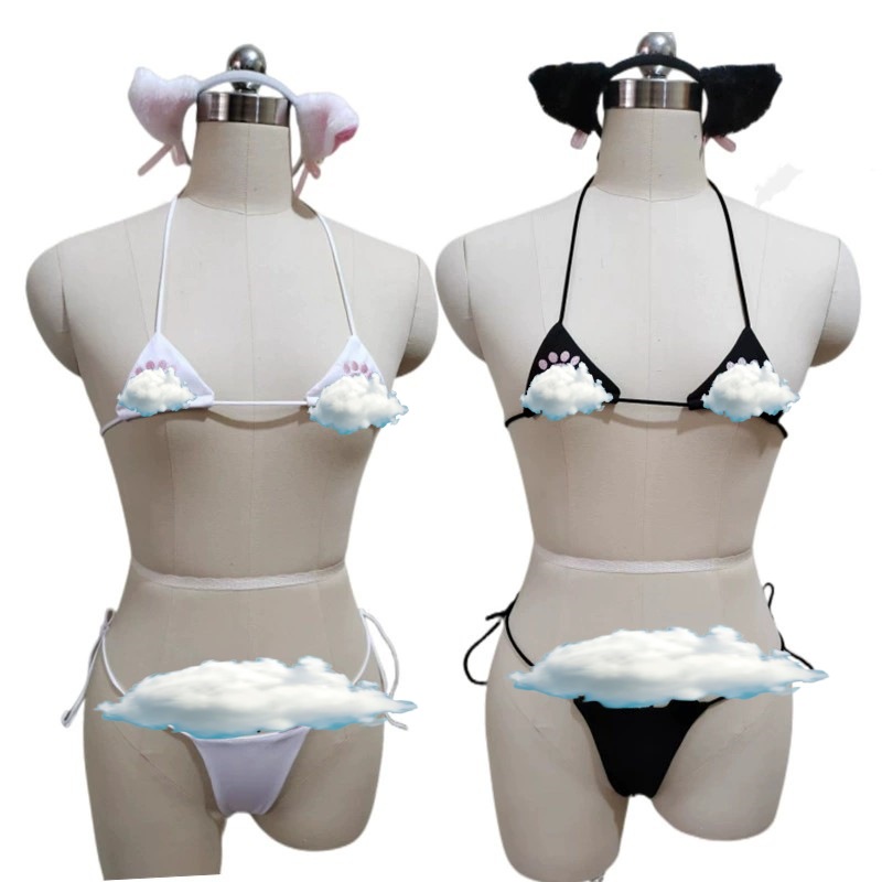 레몬 유혹 새로운 3 점 레이스 업 비키니 섹시한 여자의 개인 가정 옷 고양이 발톱 자수 수영복 세트