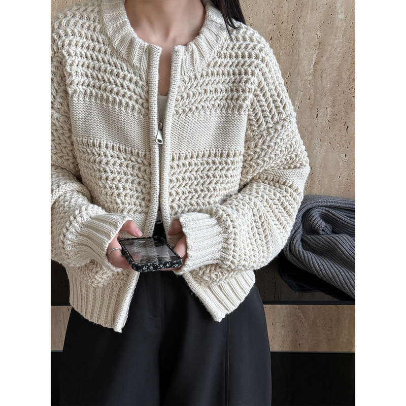 Lushi Korean Style Lazy Style Thickeneded Thick Knitted Knitwear Jacket Women's Autumn and Winter Double Zipper Round Neck Cardigan Ss896