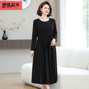 Middle-aged mother autumn versatile pleated dress 2024 new middle-aged women's spring and autumn knee-length dress