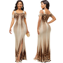 SMR11451 亚马逊跨境款 欧美性感时尚数码印花一字领抹胸款连衣裙