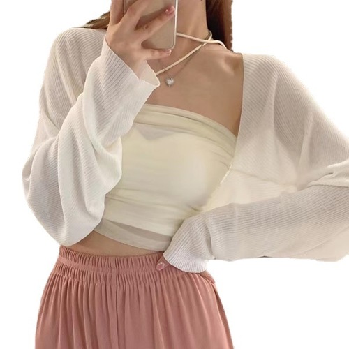 Knitted sun protection cardigan thin women's summer 2023 ice silk short outer top long-sleeved blouse small vest jacket